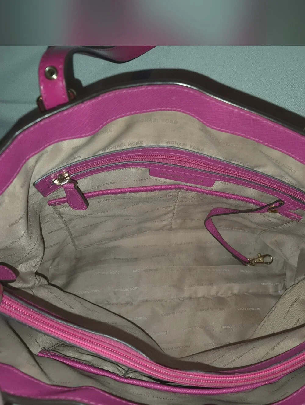 Michael Kors Hot Pink Metallic Jet Set Tote w/ Matching Accessories